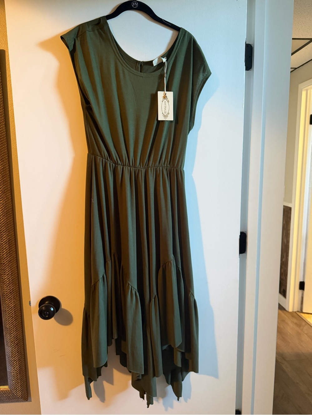Joyfolie Olive Green Tiered Handkerchief Hem Dress